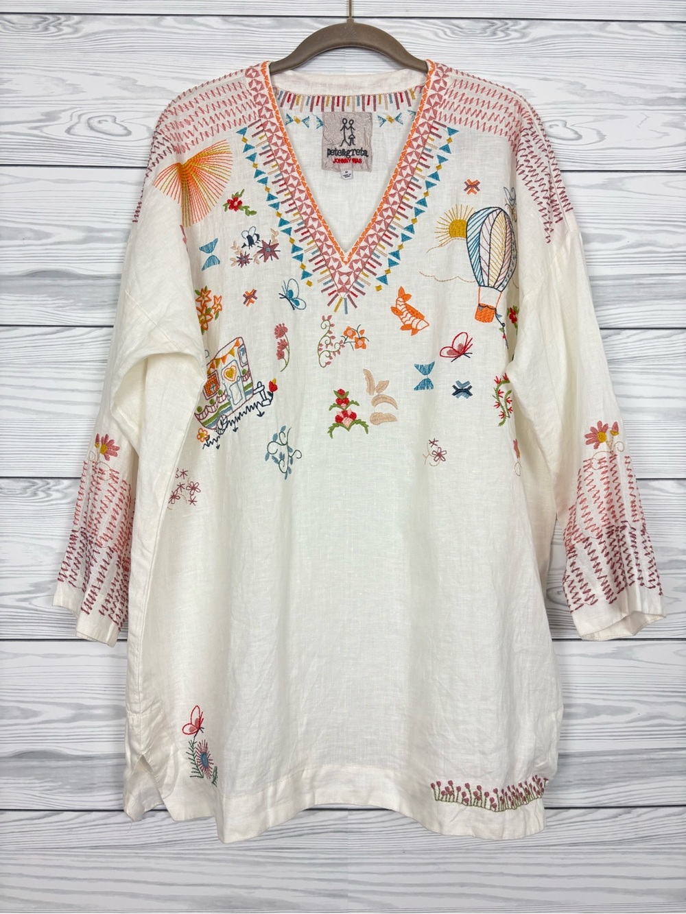 Pete & Greta Johnny Was 100% Linen boho floral embroidered blouse size medium